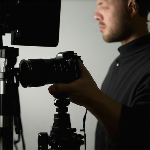 Content creator inspecting and cleaning camera gear and microphones in a clean studio