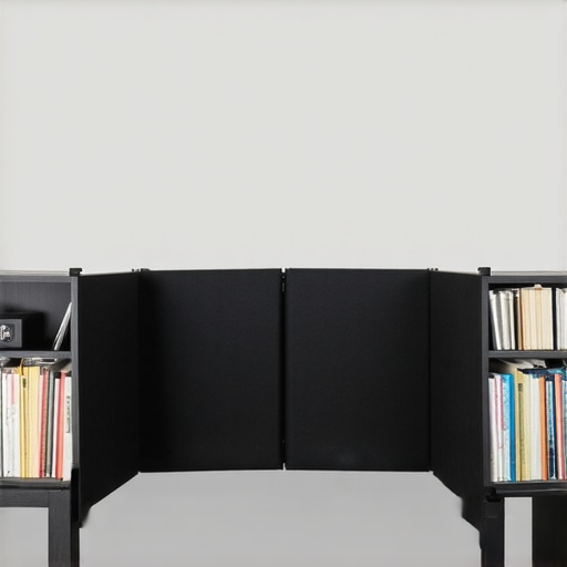 A creative home studio with blankets on walls, cardboard bass traps, and bookshelves for acoustic treatment