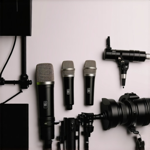 A well-organized creator studio showcasing microphones, lighting, and camera gear arranged professionally.