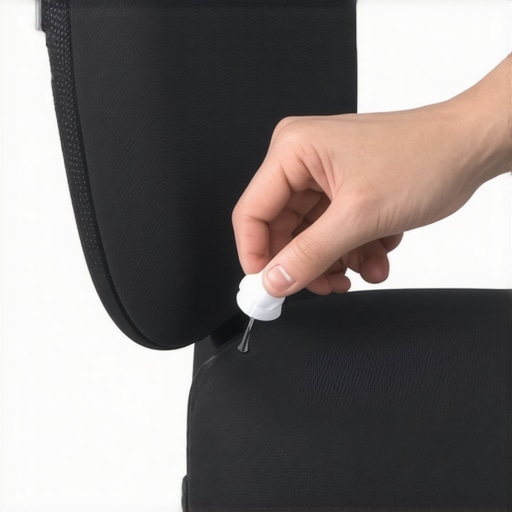 Person lubricating a squeaky office chair joint with silicone spray