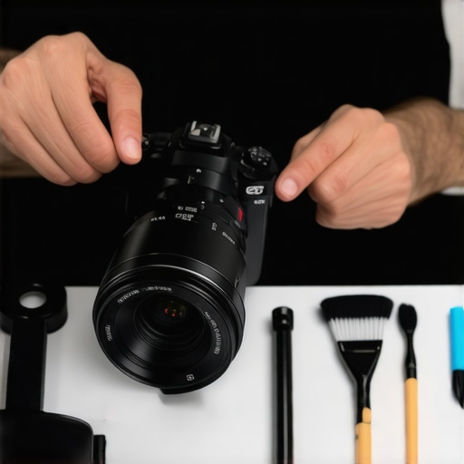 Maintaining Content Gear A creator cleaning their microphone and camera gear with proper tools