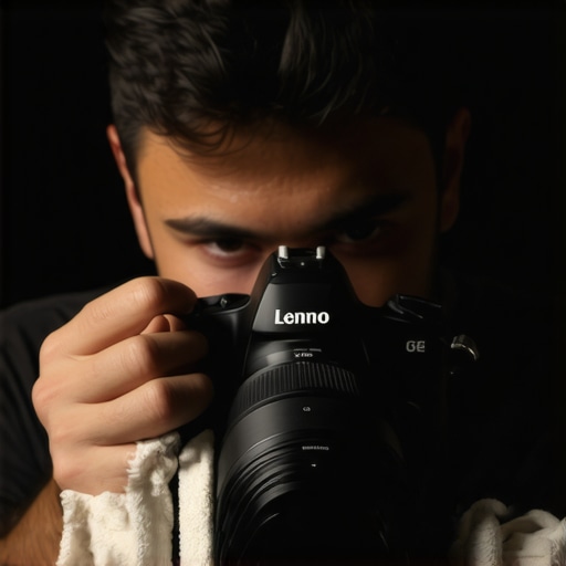 Maintaining Your Content Gear: Essential Tools in Action A person carefully cleaning a camera lens with a microfiber cloth in a modern studio