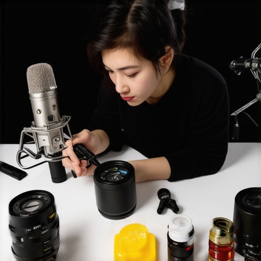Maintaining a Creator Studio A content creator cleaning and inspecting microphone, camera, and lighting equipment in a well-organized workspace.