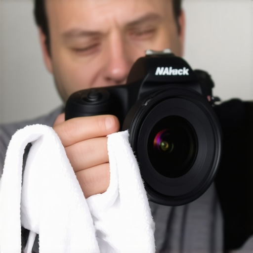 Maintaining your gear for consistent quality in content creation. Content creator cleaning DSLR lens with soft cloth.