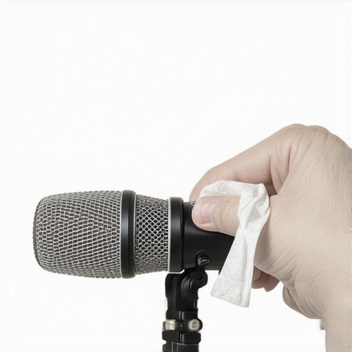 Microphone maintenance in progress Person cleaning a professional microphone with care in a studio setting
