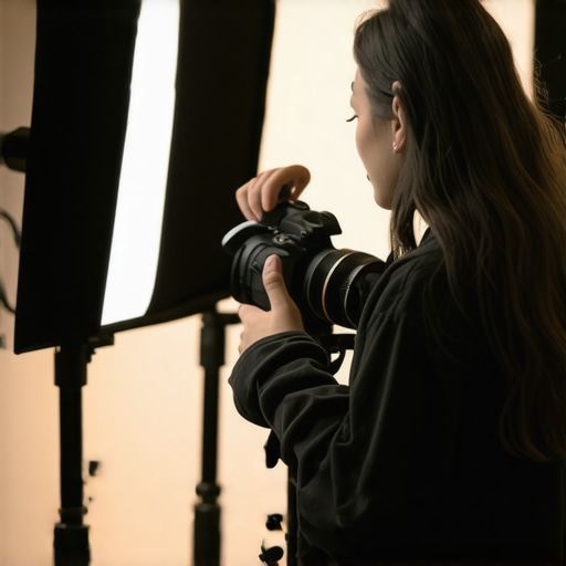 Person adjusting camera settings in a studio with soft lighting and neat background.