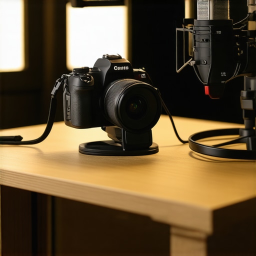 Optimal Content Creator Workspace A professional content creator setup with camera, microphone, and lighting