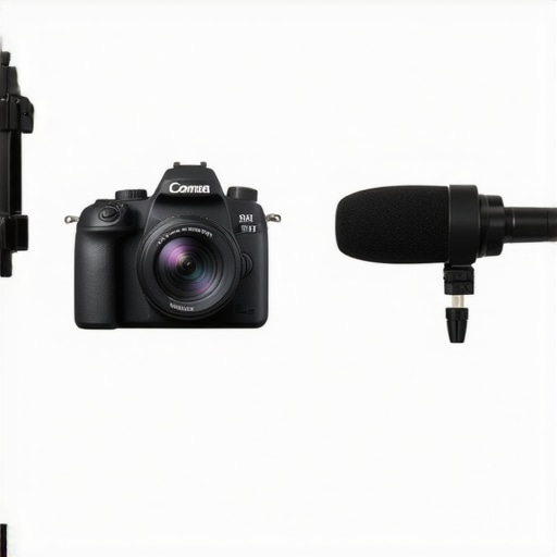 A sleek studio setup showing a camera, high-quality microphone, and studio lighting