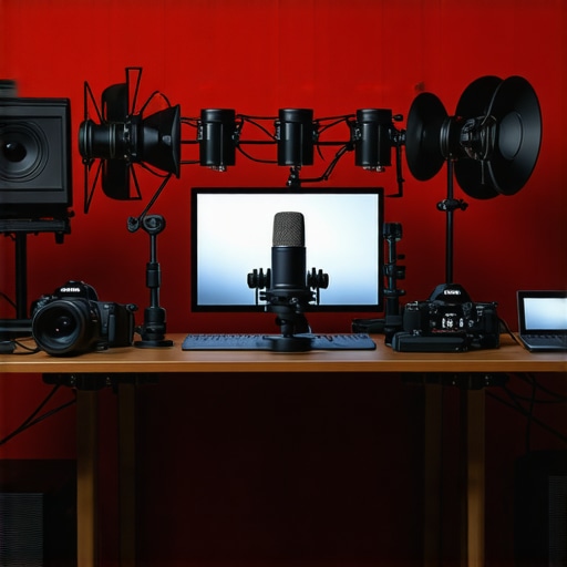 A well-organized content creator studio with professional lighting, microphone, and camera equipment.