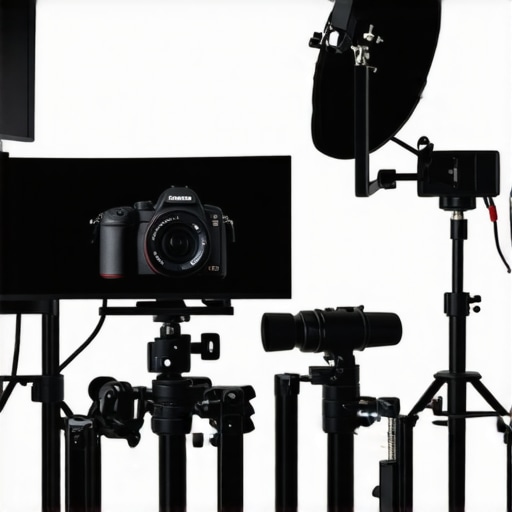 A neatly organized creator's studio with camera, microphone, lighting, and sound treatment