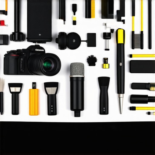 Optimized Creator Workspace with Maintenance Tools A tidy creator workspace showing cleaning supplies, cameras, microphones, and lighting equipment.