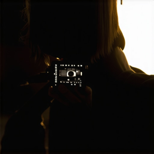 Content creator adjusting camera controls with studio lighting in the background.