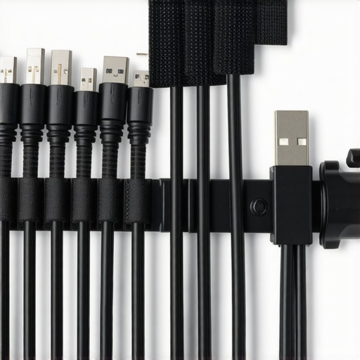 A neat setup of organized cables using velcro straps and magnetic hooks in a creator's studio