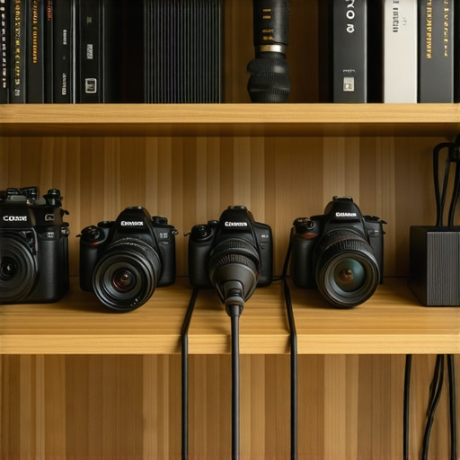 A clean and organized under-desk shelf holding microphones, cables, and camera equipment.