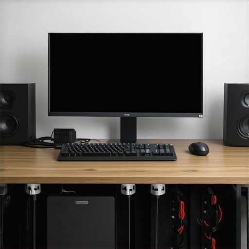 Modern desk with cables managed behind monitor and under desk