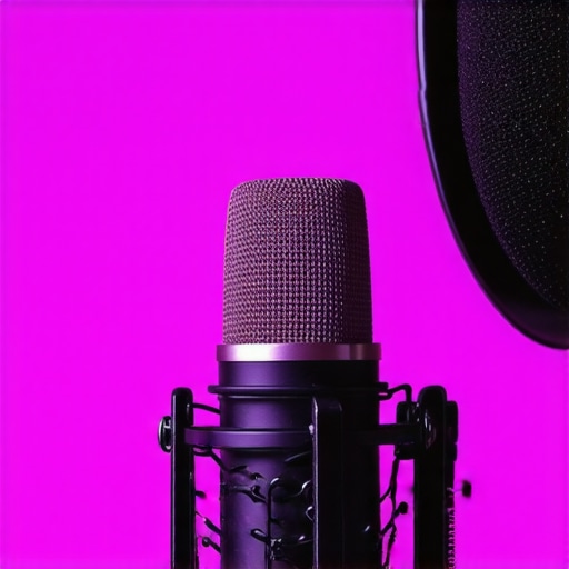 A person speaking into a microphone with a pop filter, demonstrating ideal positioning.