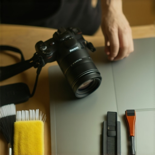 Proper gear maintenance for creators A person cleaning camera lenses and managing digital updates on a laptop