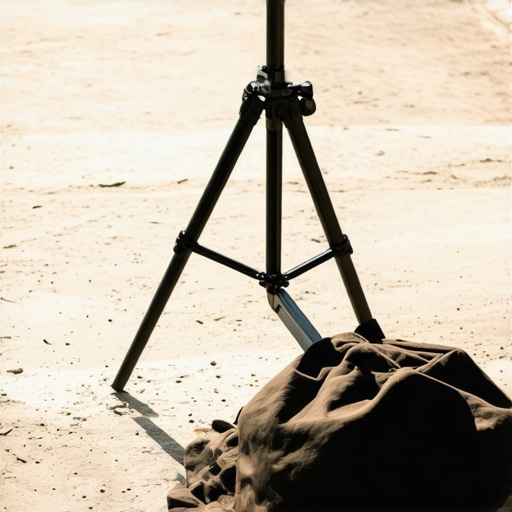 A tripod secured with a sandbag in an outdoor filming environment