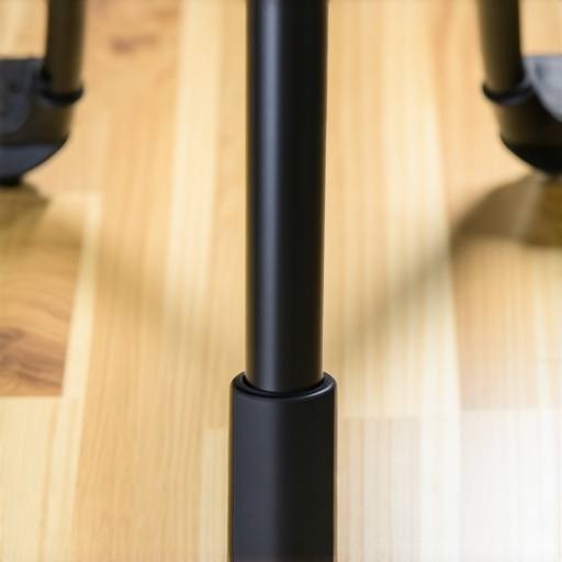 Tripod with textured rubber feet firmly gripping shiny hardwood surface, preventing slipping