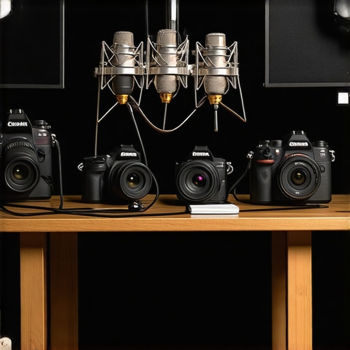A tidy creator studio with neatly arranged microphones, cameras, and lighting tools ready for maintenance and setup