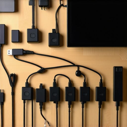 An organized studio desk showing power strips, surge protectors, and tidy cables.