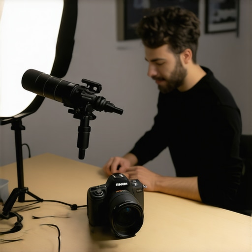A professional content creator's studio with microphone, camera, and lighting arranged for synchronized recording