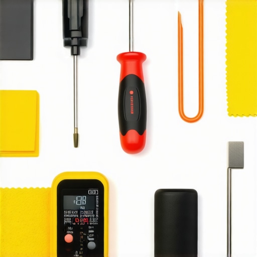 Studio maintenance tools for creators A toolkit with cleaning and maintenance tools for a creator's studio setup.