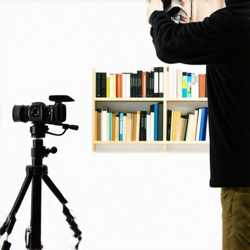 Stylish Creator Bookcase Setup A neatly arranged bookcase with decorative items and soft lighting perfect for a video backdrop.