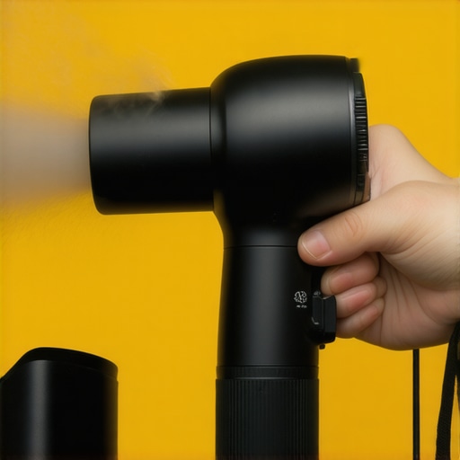 Person blow-drying a camera lens with a hairdryer in a professional studio environment.