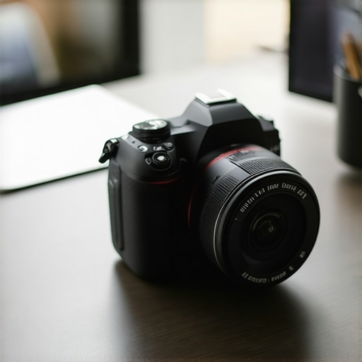 A DSLR camera mounted on a yoga block on a desk for steady recording