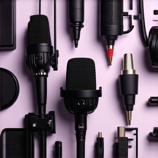 A tidy, professional creator studio with clean microphone, lighting setup, and organized cables.