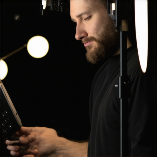 Content creator adjusting softbox and reflectors to reduce forehead shine in a studio setup.