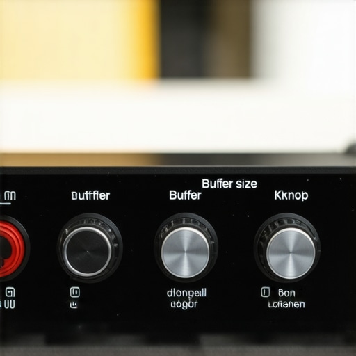 Close-up of audio interface with buffer size settings and digital display