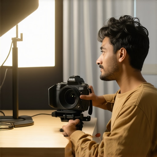 Content creator adjusting a floor lamp to create a soft backlight in a studio
