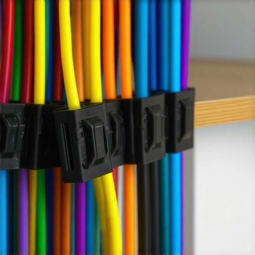 Close-up of binder clips holding cables neatly along a desk in a creator's workspace.