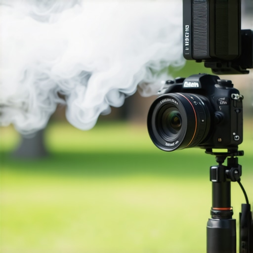 Camera mounted on tripod with USB fan creating airflow in outdoor environment