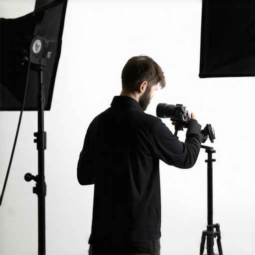 A person carefully cleaning their camera and studio lights to ensure optimal performance