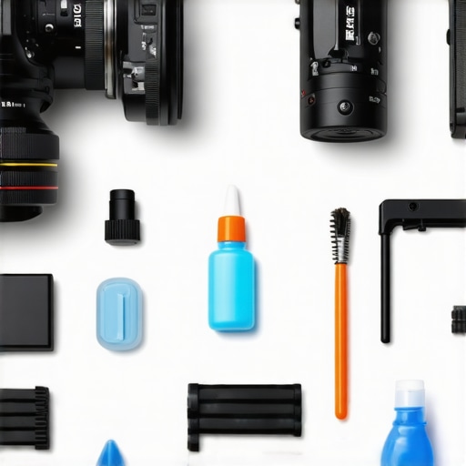 Camera and microphone maintenance tools neatly arranged on a desk.