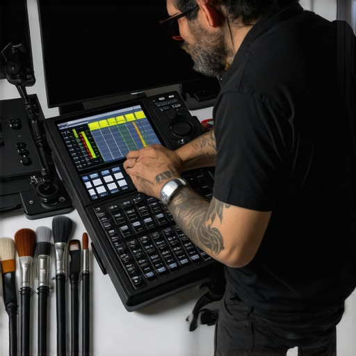 A content creator maintaining studio equipment in a professional setup.