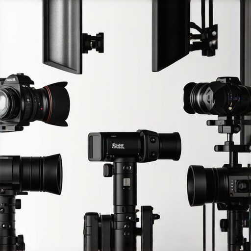 A team of content creators cleaning and inspecting their camera, microphone, and lighting gear in a professional studio environment.