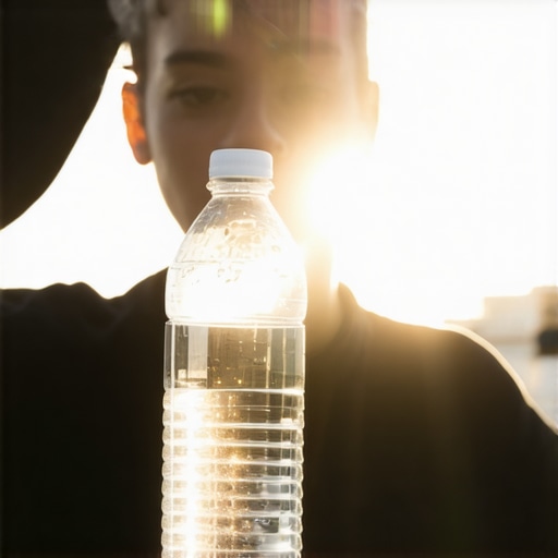 Person adjusting a plastic water bottle to catch sunlight for lens flare effect