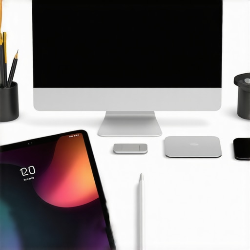 A digital artist's desk featuring a computer, tablet configured as an extended display, and creative tools.