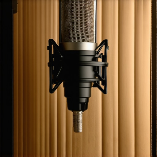 Close-up of a homemade cardboard sound shield positioned behind a microphone in a content creator's studio