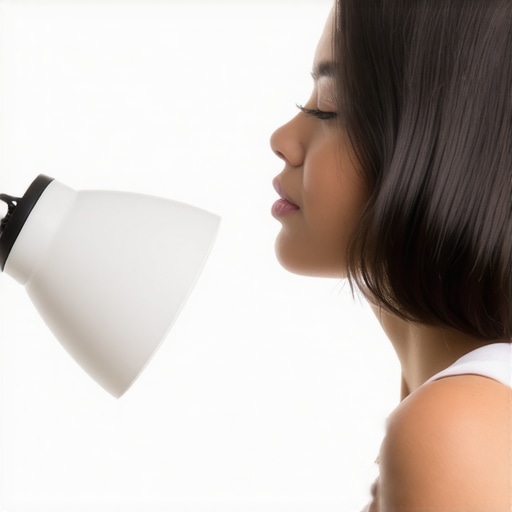 A person adjusting a desk lamp with a diffuser for hair lighting in a home studio.