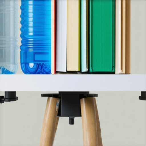 Stacked household objects such as water bottles and textbooks secured on a C-stand base to demonstrate DIY stabilization techniques.