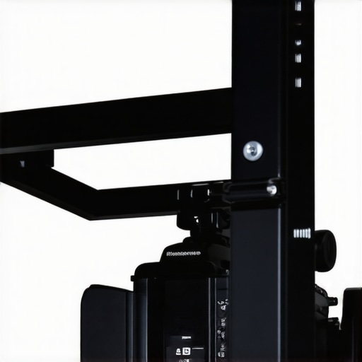 Close-up of a sturdy steel shelf bracket supporting a camera for overhead shots.