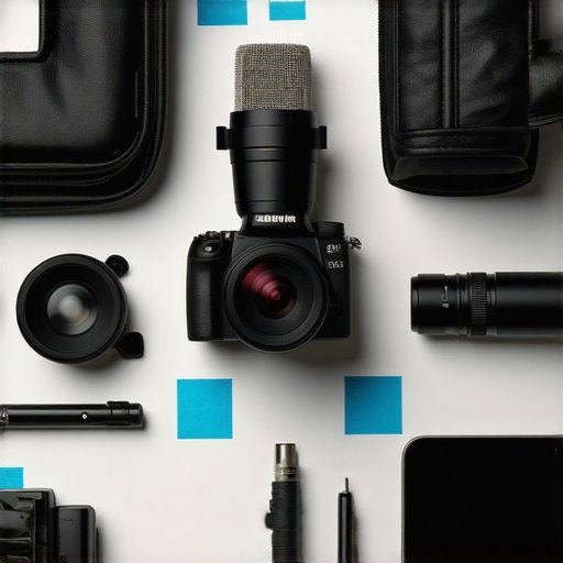 Desk setup showing tape markers for camera and microphone alignment ensuring consistent framing.