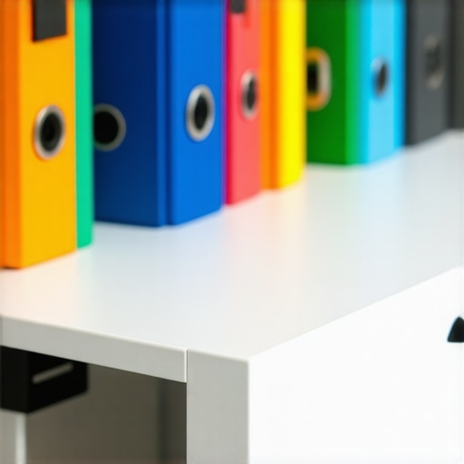 A tidy workspace showing cables secured neatly with binder clips along a desk edge.
