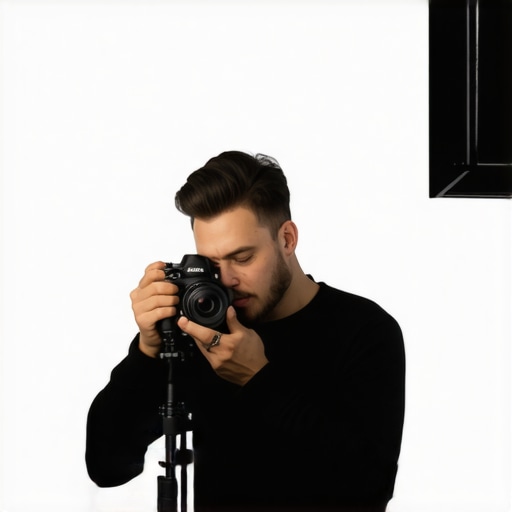 A creator in a studio wearing a black shirt adjusting camera with matte backgrounds to reduce reflections.