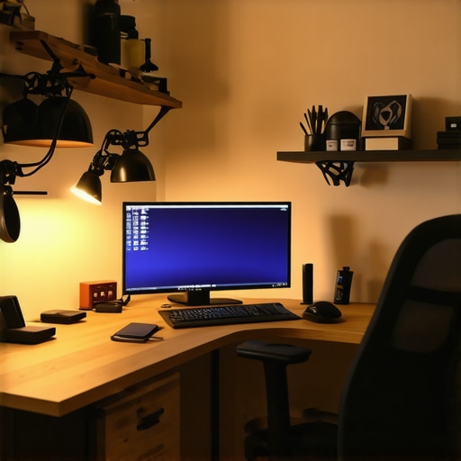 A professional-looking small creator studio with corner desk, wall-mounted lighting, and organized gear.